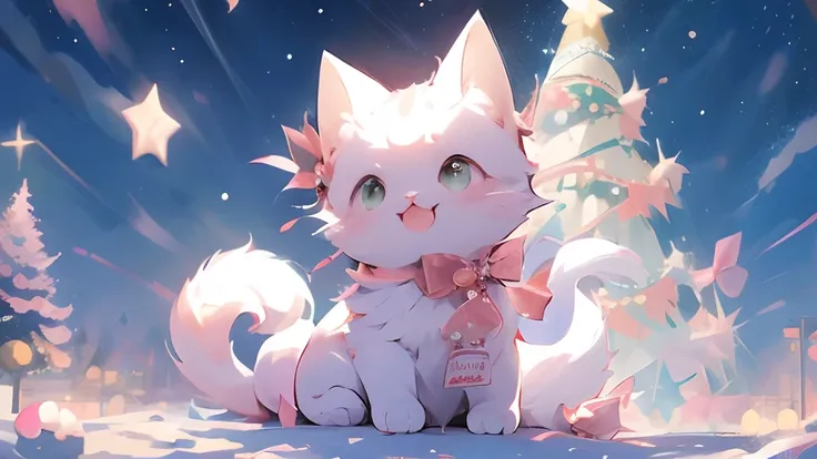 (masutepiece:1.2, High quality),Cat, absurderes, hight resolution, ultra-detailliert, catss, White cat、kawaii、pink  dress、accessorized、kirakira、pink there、frilld、Christmas、Winters、yuki、Christmas tree、present、With background