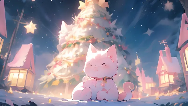 (masutepiece:1.2, High quality),Cat, absurderes, hight resolution, ultra-detailliert, catss, White cat、kawaii、pink  dress、accessorized、kirakira、pink there、frilld、Christmas、Winters、yuki、Christmas tree、present、With background