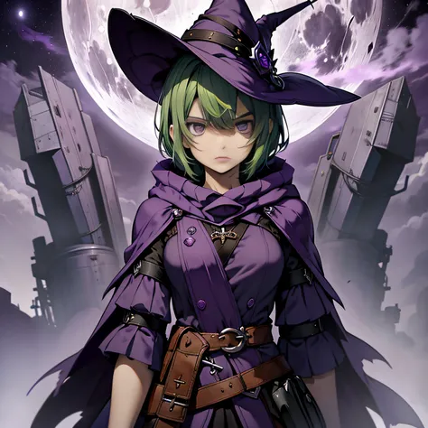 top-quality、extremely delicate and beautiful、(A teenage girl)、Purple Eye、Green hair、short-haired、(purple witch hat)、Purple tie、Soio、shortsleeves、Purple skirt、Purple Wizard Robe、Navel、is standing、Facing the front、Expression of hatred、Full moon night on back...