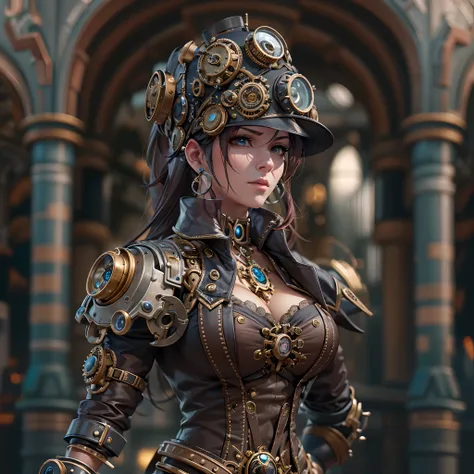 Por favor, Create a stunning visual representation of a woman dressed in a cyber-steampunk costume. She carries a watch on her arm and holds another watch in her hand. This artwork is rendered in 8K 3D, utilizando a tecnologia do motor 3D Unreal. Digital a...