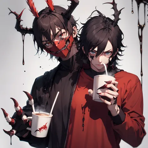 Man dressed into a red shirt with black stripes with claws as hands with a burned like face with cool drip holding a cup almost as if he is drinking lean