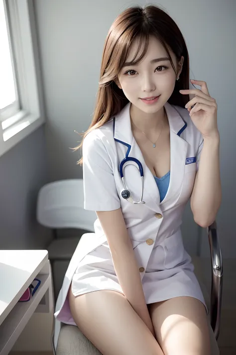 Female doctor in white coat（Nurse）、１Man Woman、(Smile Face:1.1)、Slim Face、The most beautiful women in the world、hyperdetailed face、Detailed eye、二重まぶた、Kamimei、perfect teeth、Perfect tooth alignment、(glistning skin)、(sun-kissed skin)、(real looking skin)、Blurre...