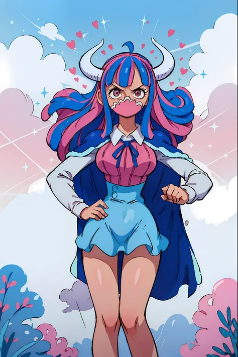 Ulti from One Piece, solo, simple background, gradient top to bottom blue to pink background, wearing a long-sleeved minidress that is white and pleated above the waist, with a blue bow below a point collar, darker-blue cape trimmed with light-blue fur on ...