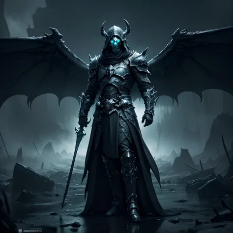 Full body shot, epic lich king the necromancer. wings composed of a black miasma gas and particles, hyper-detailed skull face with sharp teeth and shabby robes, beautifully drawn green flames eyes, mysticism, hyperrealism, fantasy, beautiful, professional ...