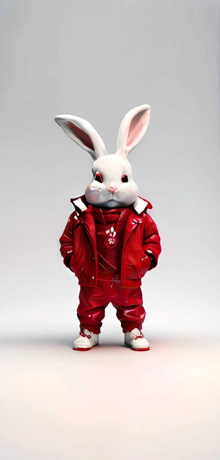 A rogue rabbit in a red jacket and red jeans White Rabbit,Standing in front of it,(The left and right faces are symmetrical)3D statue plastic mold effect,Plastic metallic feel,