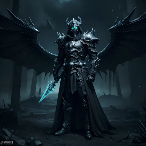 Full body shot, epic lich king the necromancer. wings composed of a black miasma gas and particles, hyper-detailed skull face with sharp teeth and shabby robes, beautifully drawn green flames eyes, mysticism, hyperrealism, fantasy, beautiful, professional ...