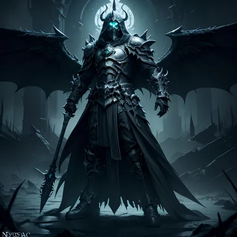 Full body shot, epic lich king the necromancer. wings composed of a black miasma gas and particles, hyper-detailed skull face with sharp teeth and shabby robes, beautifully drawn green flames eyes, mysticism, hyperrealism, fantasy, beautiful, professional ...