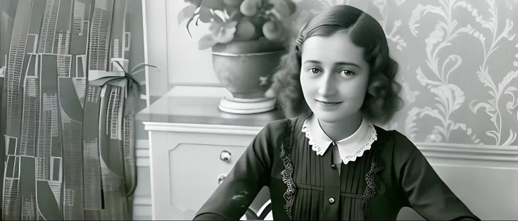 Arafed foto em preto e branco de uma jovem sentada em uma mesa, lily frank, alta arte, inspirado em Margaret Leiteritz, inspirado em Lucia Peka, na casa dos 20 anos, inspirado em Wladyslaw Malecki, inspirado em Hannah Frank, Foto dos anos 1940, inspirado e...