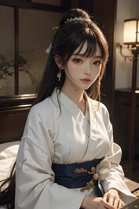 8K分辨率，Works of masters，超高分辨率，Exquisite facial features，s the perfect face，Girl，solo person，ssmile，long whitr hair，A brown-haired，Princess Roll，Bracelet，ear studs，eardrop，choker necklace，Bow hair ornament，feathers hair ornament，hair-bun，Hanfu，sitting  sidew...