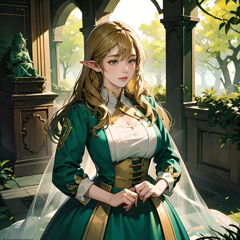 Women in Their 20s, offcial art, unity 8k wall paper, ultra-detailliert, beautifly、Aesthetic, ​masterpiece, top-quality, Photorealsitic, Female Elf、Dark green eyes、blondehair、Braids:2.0、Pointed ears、Dark green costume、Light green blouse、Gold Brooch、golden ...