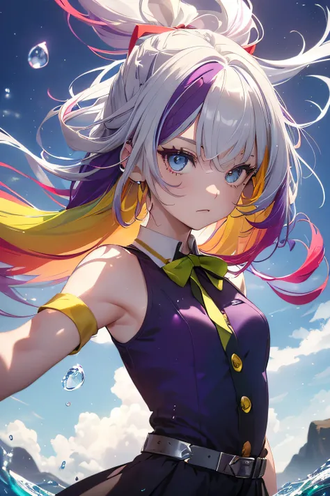 1.5),(1 girl),(dynamic pose),(multicolored hair+silver hair:1.3+red hair:1.2+purple hair+yellow hair:1.3+green hair:1.3),(blue eyes),(neck ribbon),(floating),(cloud),(too many drops of water),(twilight),(watercolor),(wide shot)