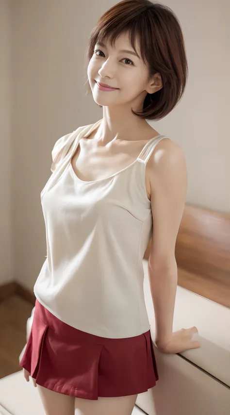 japanes、1人の女性、57 years old、Mature、Shorthair、brown haired、Eye color is black、Wrinkles in the eyes、with nasolabial fold、thin lipss、Smiling、​masterpiece、Full body portrait、(wearing white tunk top)、(Wearing a red skirt)、(wearing a short skirt)、The chest is vis...