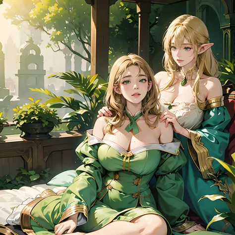 Women in Their 20s, 2 females:2.0、offcial art, unity 8k wall paper, ultra-detailliert, beautifly、Aesthetic, ​masterpiece, top-quality, Photorealsitic, Female Elf、Dark green eyes、blondehair、Braids:2.0、Pointed ears、Dark green costume、Light green blouse、Gold ...