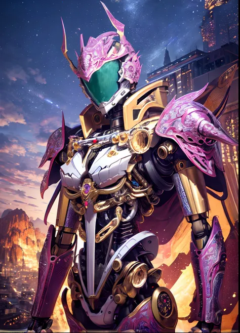 Image of Arafad of a man dressed in purple and gold, high fantasy kamen rider, slick pink armor, high detailed official artwork, tokusatsu suit vaporwave, Best anime 4k konachan wallpaper, Streamlined pink armor, girl in mecha cyber armor, unreal engine re...