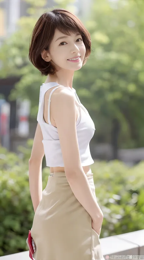 japanes、1人の女性、57 years old、Mature、Shorthair、brown haired、Eye color is black、Wrinkles in the eyes、with nasolabial fold、thin lipss、Smiling、​masterpiece、Full body portrait、(wearing white tunk top)、(Wearing an open-chested tank top)、(Wearing a red skirt)、(wear...