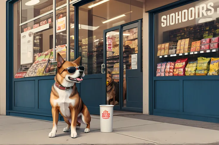 Realistic image of a dog standing in front of a supermarket, wearing sunglasses, begging, with a metal mug and some coins inside.