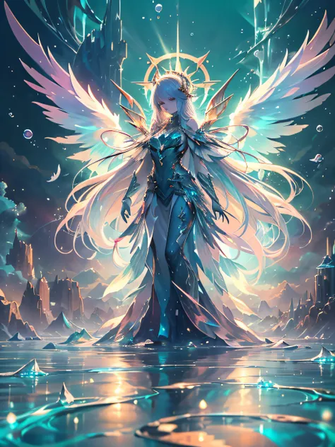 ((Need)), ((tmasterpiece)), (A detailed)),Futuristic translucent ethereal angel，Futuristic city and futuristic wonderland background of deep sea，The feathers are oversized and winged，suns，holy rays，The halo，Colorful rainbow，16k,UHD resolution，Simple compos...