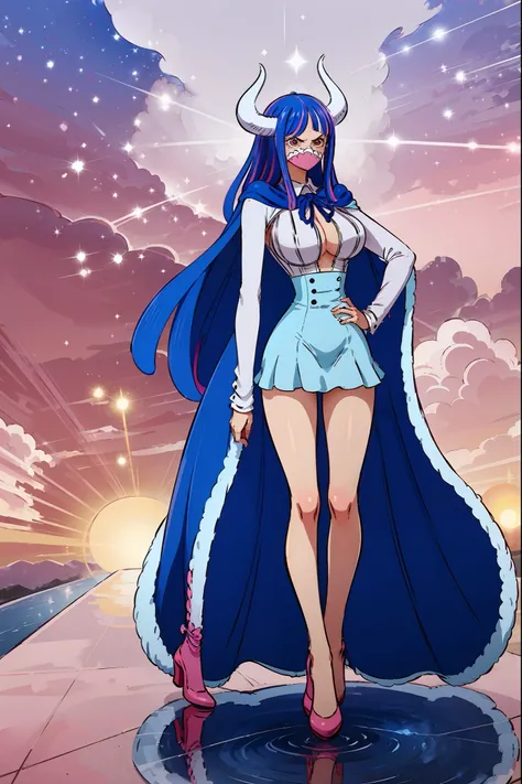 Ulti from One Piece, solo, simple background, gradient top to bottom blue to pink background, wearing a long-sleeved minidress that is white and pleated above the waist, with a blue bow below a point collar, darker-blue cape trimmed with light-blue fur on ...
