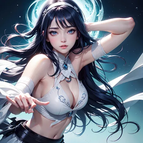 Hinata Hyuga,anime,beautiful detailed eyes,beautiful detailed lips,extremely detailed eyes and face,long eyelashes,shy expression,white eyes,Byakugan activated,pale complexion,ninja outfit,gentle smile,blue hair and eyes,calm and serene background,subtle l...