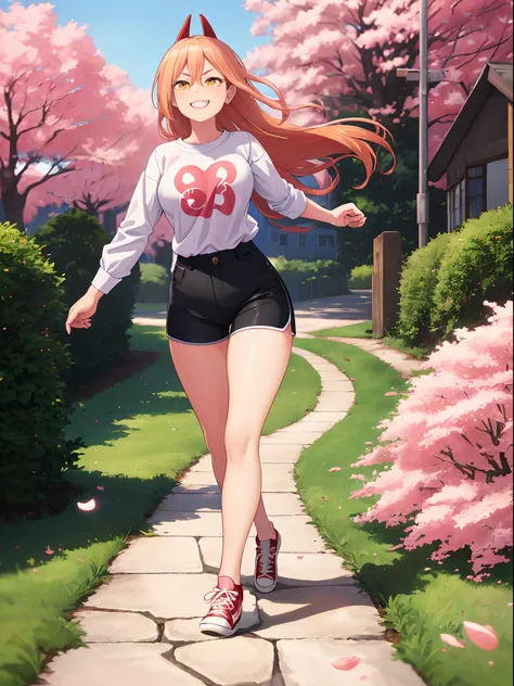 1girl, wearing white shirt, black shorts, red converse shoes, grinning, yellow eyes, long strawberry blonde hair, sharp teeth, walking down a stone path, in a cherry blossom park, high quality, high resolution, soft lighting, sharp line art