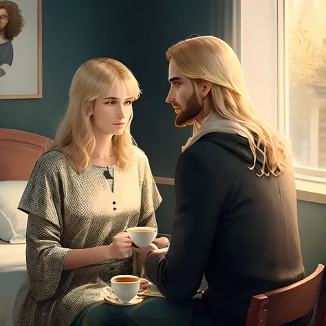 Jesus and me sitting on my bed having tea and talking me a 20 year old woman blond