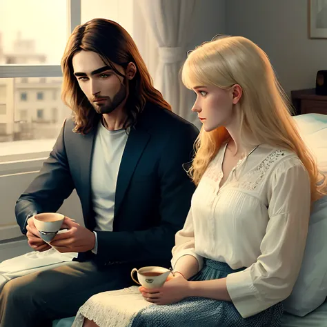 Jesus and me sitting on my bed having tea and talking me a 20 year old woman blond