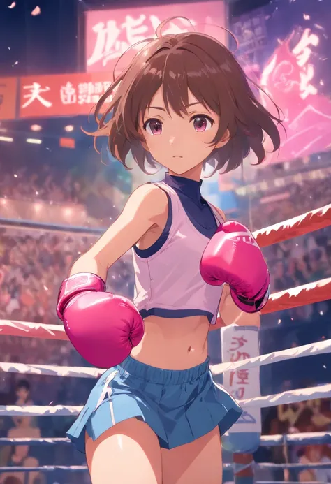 Cute thin and skinny girl with skirt pink boxing gloves belly punch