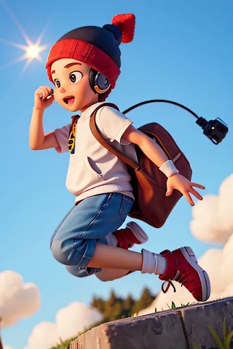 boy, jump very high, no background, beanie hat, headphone, pov from left side