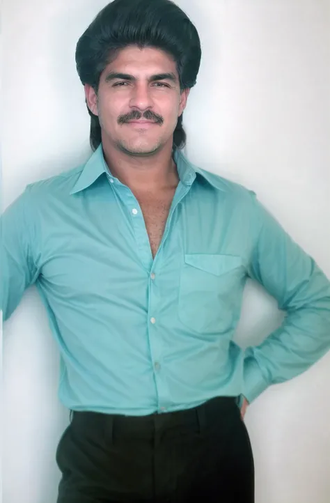 Homem magro com penteado mullet anos 70, cabelo preto anos 70, bigode preto, blue shirt with 2 buttons open at the top, alta qualidade, high quality, Ultra detailed, (best quality), (high detailed skin, full sharp:1.2), 8k uhd, dslr, detailed face, no ches...