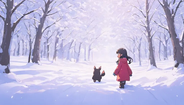 Snowy landscape，Backshadow，（The girl who walked away turned her back on the audience:1.1），中景 the scene is，独奏，（cabelos preto e longos），（No hats），Wear a red cotton coat，Black boots，Go far，Heavy snowfall，The road to distant places，In winter, the tree dies，Cov...