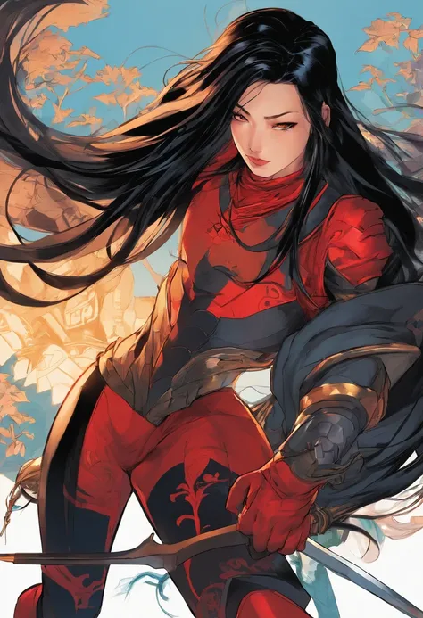 long black hair, Chinese 19 year old girl. Black and red supersuit inspired by ancient Chinese armor. deep dark red fire powers. brown eyes. loose hair.