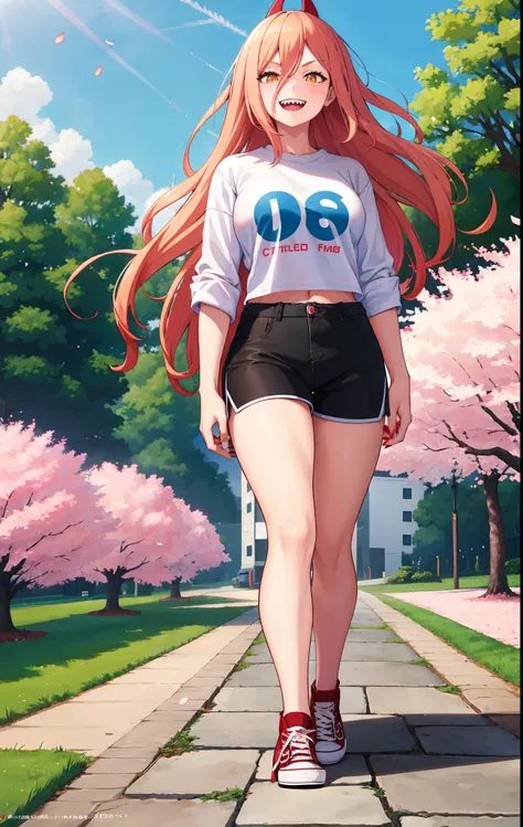 1girl, wearing white shirt, black shorts, red converse shoes, grinning, yellow eyes, long strawberry blonde hair, sharp teeth, walking down a stone path, in a cherry blossom park, high quality, high resolution, soft lighting, sharp line art