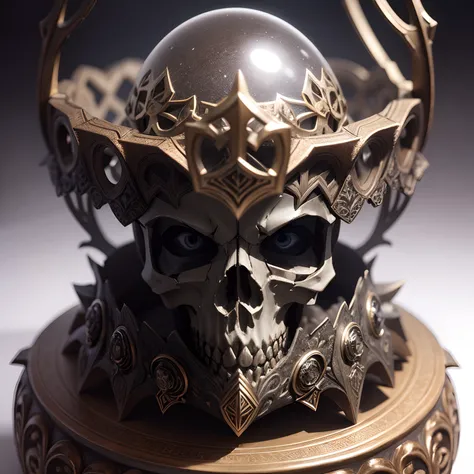 Intricately carved crystal cranium，Exhibition stand，Mysterious atmosphere，Close-up of the skull, fantasy skull