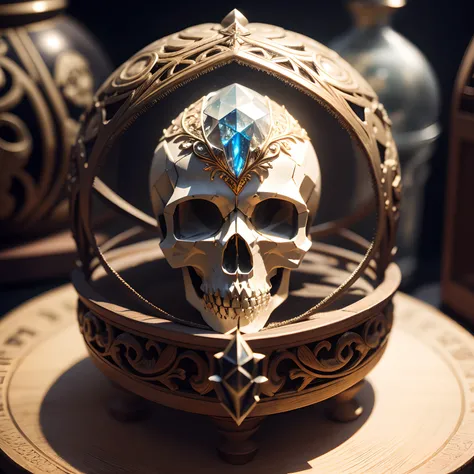 Intricately carved crystal cranium，Exhibition stand，Mysterious atmosphere，Close-up of the skull, fantasy skull