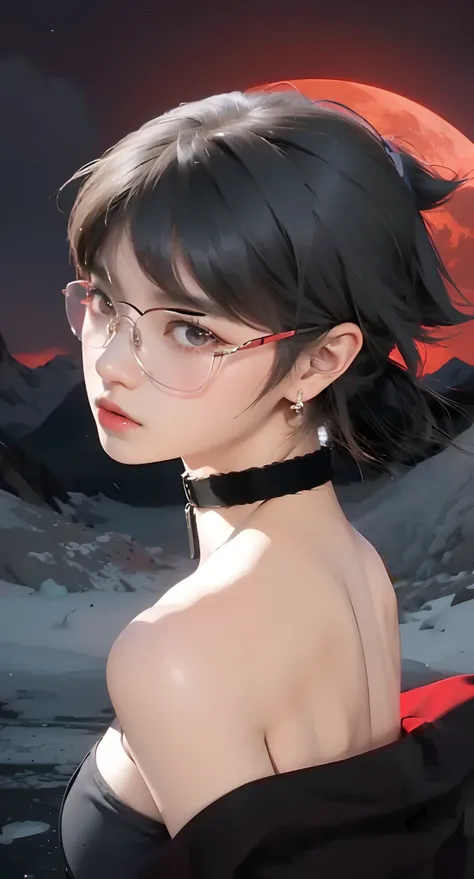 Real life adaption of this character, Korean teen beauty face, wear realistic glasses,looking to viewer,realistic same spiky hair , realistic same outfit , realistic red moon background in mountain, hyper realistic, realistic light, realistic shadow, reali...