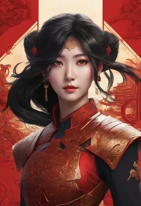 long black hair, Chinese 19 year old girl. Black and red supersuit inspired by ancient Chinese armor. deep dark red fire powers. brown eyes. loose hair.