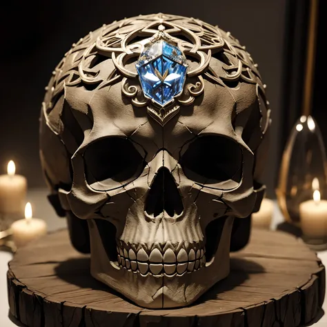 Intricately carved crystal cranium，Exhibition stand，Mysterious atmosphere，Close-up of the skull, fantasy skull