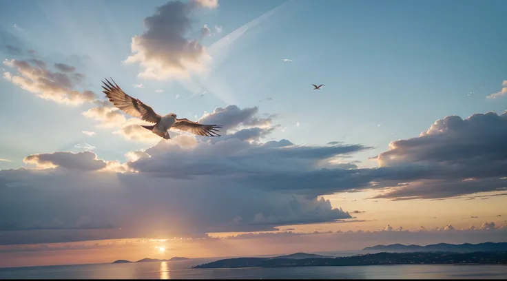 Please create an image representing tranquility and confidence, with a multicolored bird soaring freely in the sky. The scene should depict a gentle and serene sunset on the horizon. The bird should be in full flight, with its wings spread gracefully, glid...