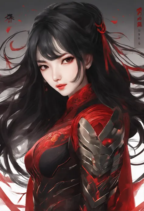 long black hair, Chinese 19 year old girl. Black and red supersuit inspired by ancient Chinese armor. deep dark red fire powers. brown eyes. loose hair.