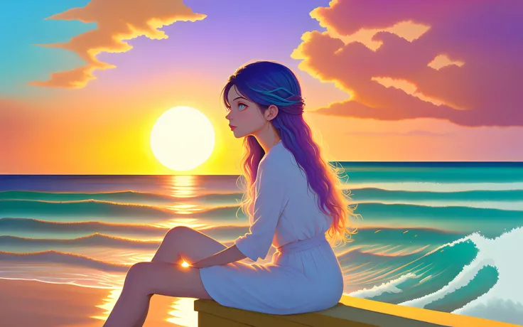 Sea, a penumbra of the sunset sun of a spring afternoon 
Girl sitting by the sea, com cabelos encaracolados, Swaying in the wind like the waves of the sea.