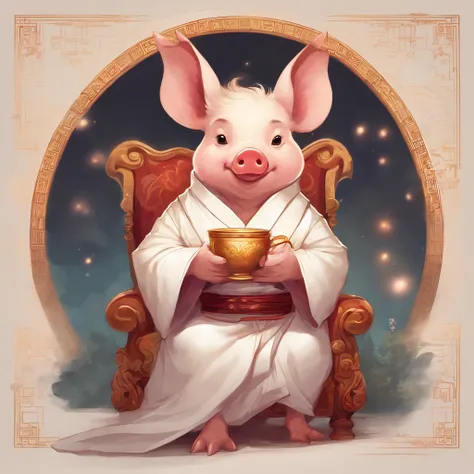 a cute male piglet sitting in a chair; wearing a chinese ancient white robe; holding a cup of in his hand; looking towards the viewer; innocent eye; adorable