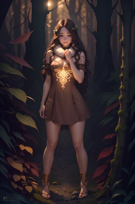 a happy ((girl, forest girl, fur collar, woman)) loved Mulatto, her skin is a deep brown covered in many pink and light blue bioluminescent tattoos of rune and Nordic design, solid rich deep brown hair color, beautiful long full wavy brown hair with biolum...