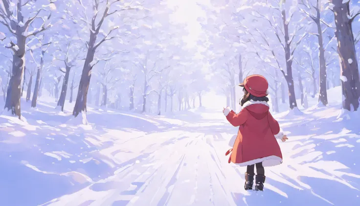 Snowy landscape，Backshadow，（The girl who walked away turned her back on the audience:1.1），中景 the scene is，独奏，（cabelos preto e longos），（No hats），Wear a red cotton coat，Black boots，Go far，Heavy snowfall，The road to distant places，In winter, the tree dies，Cov...