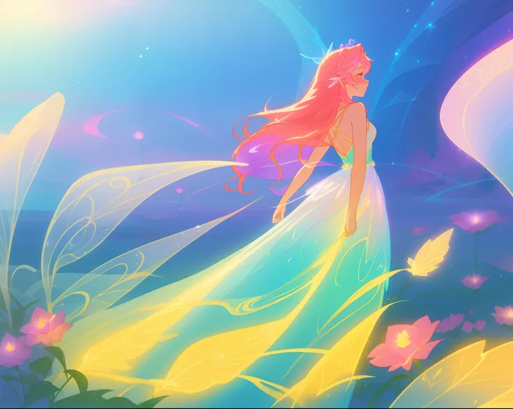 beautiful girl in flowing liquid dress, fairy dress, fairy queen, magical otherworldly landscape, (glowing fairy wings), glowing flowing ballgown, long hair, sparkling fairy wings, watercolor illustration, flowers and colorful plants, inspired by Glen Kean...