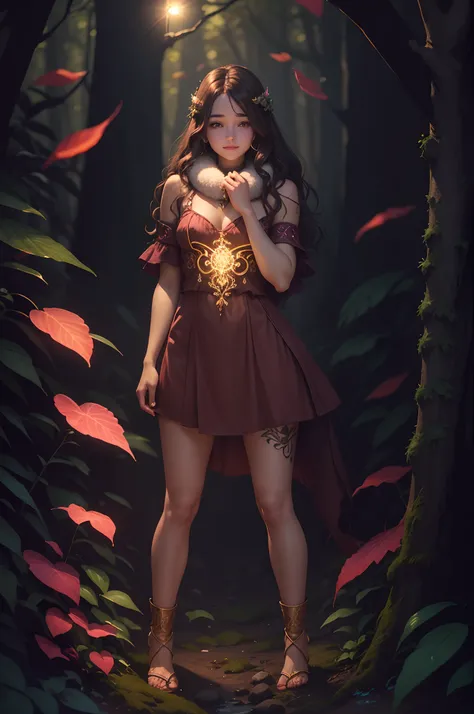 a mildly happy ((girl, forest girl, fur collar, woman)) loved Mulatto, her skin is a deep brown covered in many pink and light blue bioluminescent tattoos of rune and Nordic design, solid rich deep brown hair color, beautiful long full wavy brown hair with...