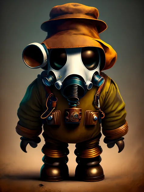 A scary cowbot wearing a brown gasmask and brown hat