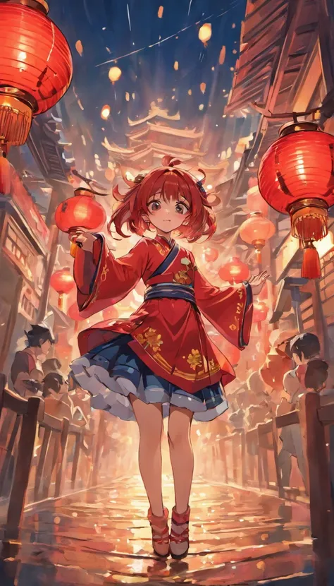 Mid-Autumn Festival，celebrating，A series of red lanterns，Plays drums，Festive atmosphere，Clear detail，There is a lot of water on the ground