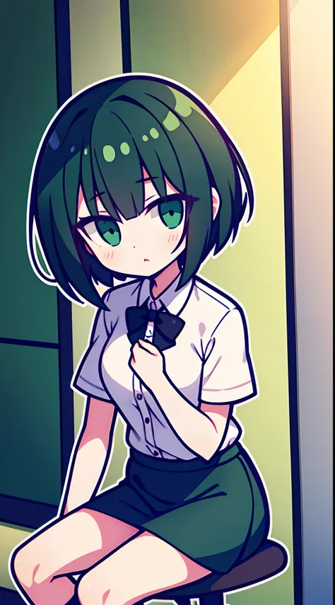 Short green and black haired girl in skirt and formal wear，The expression is desperate