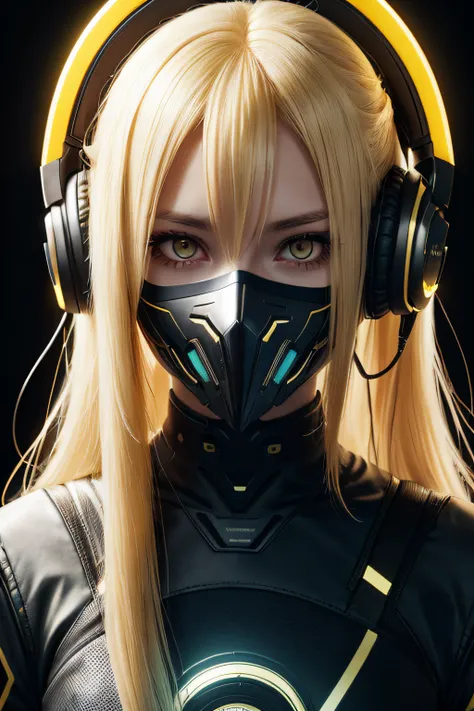 girl with long yellow hair, yellow eyes, futuristic vibes, mask on mouth, headphones, 8k, high quality, simple background, glowi...