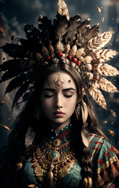 (full portrait), (half shot), solo, detailed background, detailed face, (stonepunkAI, stone theme:1.1), wise, (female), (native american), (beautiful hair, braids:0.2), shaman, septum piercing, mystical, (gorgeous face), stunning, head tilted upwards, (eye...